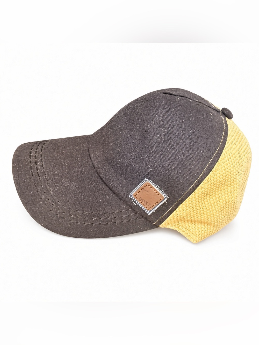 Roxy Baseball Cap Black Speckled Straw Weave Back Leather Patch Adjustable Hat